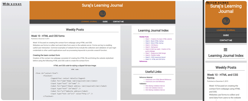 Wide (left) and narrow (right) screen Learning Journal webpage in week 10 screenshot