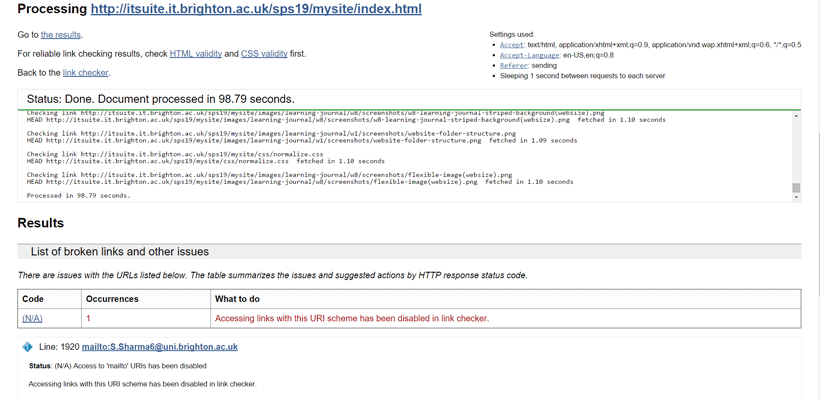 Learning Journal W3C Link Checker results screenshot