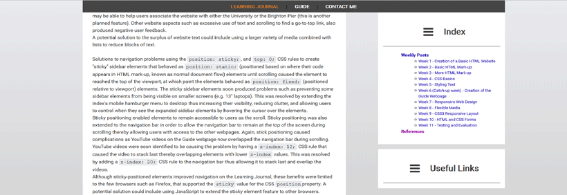 Learning Journal Sticky Positioned Navigation Bar and Hamburger Sidebar Menus Screenshot