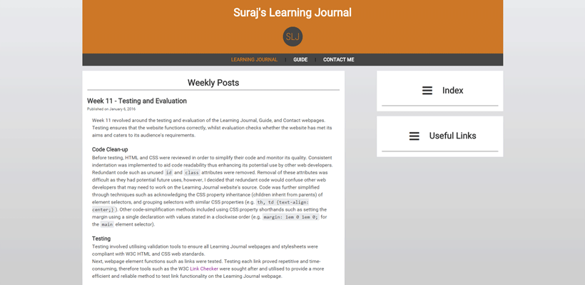 Wide Screen Learning Journal Webpage Screenshot